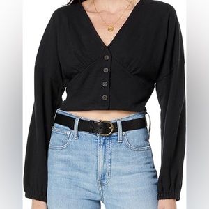 NWOT Deep-V Button-Front Black Crop Top — M